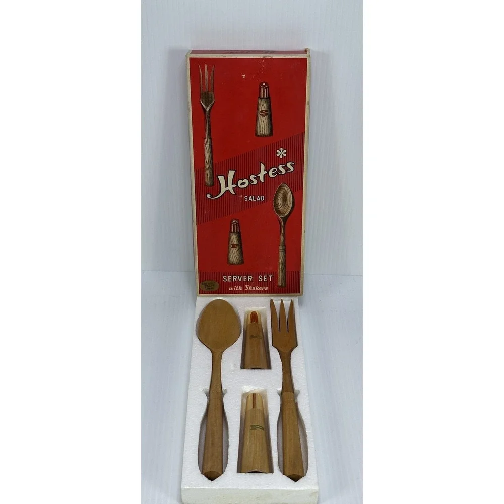 Vintage MCM Hostess Salad Server Set Shakers Salt Pepper Japan Artwood NIB‎